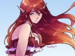 1girl anaruii artist_name bare_shoulders breasts commentary english_commentary fire_emblem fire_emblem:_kakusei fire_emblem_heroes frills hair_lift highres long_hair looking_at_viewer pointy_ears red_eyes redhead smile solo cordelia_(fire_emblem) 