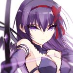  1girl absurdres akemi_homura akuma_homura bangs bare_shoulders blurry blurry_foreground bow_(weapon) breasts commentary_request drawing_bow ears_visible_through_hair elbow_gloves gloves hair_between_eyes hair_ribbon highres holding holding_bow_(weapon) holding_weapon left-handed long_hair looking_at_viewer mahou_shoujo_madoka_magica misteor purple_hair red_ribbon ribbon solo violet_eyes weapon white_background 