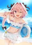  1boy :d akita_hika astolfo_(fate) ball bare_shoulders beach beachball black_bow black_ribbon bow bracelet braid clouds collarbone eyebrows_visible_through_hair fang fate/apocrypha fate_(series) groin hair_between_eyes hair_bow hair_intakes hair_ribbon highres holding jewelry leaning_forward long_braid long_hair midriff navel open_mouth pink_hair ribbon sand sarong single_braid sky smile solo striped striped_swimsuit sunlight swimsuit trap v violet_eyes water 