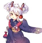  1girl animal animal_ears animal_on_head azur_lane bangs blue_kimono bow candy_apple closed_mouth double_bun echu eyebrows_visible_through_hair fingernails floral_print food hair_between_eyes hair_bow hair_ornament highres holding holding_food japanese_clothes kimono kinchaku laffey_(azur_lane) long_sleeves obi on_head pinching_sleeves pouch print_kimono rabbit_ears red_bow red_eyes sash side_bun sidelocks silver_hair simple_background sleeves_past_wrists solo tongue tongue_out white_background wide_sleeves 