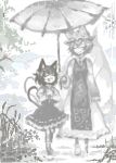  2girls animal_ears cat_ears cat_tail chen earrings fox_tail greyscale hat jewelry lowres monochrome multiple_girls multiple_tails rain smile tail touhou two_tails umbrella yakumo_ran yt_(wai-tei) 