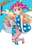  1girl adapted_costume alternate_eye_color american_flag_dress american_flag_legwear bangs blonde_hair blue_background clownpiece dress eyebrows_visible_through_hair fairy_wings grin hat highres jester_cap leg_up looking_at_viewer multicolored multicolored_background navel neck_ruff nobori_ranzu outline outstretched_arm pantyhose polka_dot purple_hat sharp_teeth sidelocks skinny skirt_hold sleeveless sleeveless_dress smile solo teeth torch touhou violet_eyes waist white_background wings 
