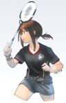 1girl alternate_costume artist_name badminton_racket brown_hair commentary_request cropped_legs ergot fubuki_(kantai_collection) kantai_collection logo looking_away motion_blur open_mouth ponytail racket shorts simple_background solo white_background wristband 