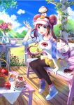  1girl apple bench culottes doughnut food foongus_(pokemon) fruit mei_(pokemon) o_n_j_i pancake pantyhose pokemon pokemon_(game) pokemon_bw2 raglan_sleeves shoes sneakers twintails visor_cap 