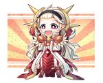  1girl armor chibi cosplay feathers female_my_unit_(fire_emblem_if) fire_emblem fire_emblem_heroes fire_emblem_if hairband highres long_coat long_hair my_unit_(fire_emblem_if) nakabayashi_zun open_mouth outstretched_arms pants red_armor red_eyes ryouma_(fire_emblem_if) ryouma_(fire_emblem_if)_(cosplay) solo spread_arms white_hair white_pants 