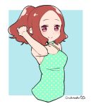  1girl alternate_hairstyle blush brown_eyes brown_hair commentary_request do_m_kaeru okumura_haru persona persona_5 ponytail short_hair smile solo swimsuit twitter_username 