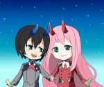  1boy 1girl bangs black_hair blue_eyes blue_horns blush commentary_request couple darling_in_the_franxx eyebrows_visible_through_hair green_eyes hair_ornament hairband hand_holding hetero hinahina_283 hiro_(darling_in_the_franxx) horns long_hair long_sleeves looking_at_another military military_uniform necktie night night_sky oni_horns orange_neckwear pink_hair red_horns red_neckwear short_hair sky star star_(sky) starry_sky uniform white_hairband zero_two_(darling_in_the_franxx) 