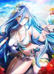  1girl adapted_costume aqua_(fire_emblem_if) aqua_hair beach bikini bracelet breasts cleavage cocktail_umbrella cute drink elbow_gloves feh_(fire_emblem_heroes) fingerless_gloves fire_emblem fire_emblem_heroes fire_emblem_if flower gloves hair_between_eyes hair_ornament hand_on_own_chest highres intelligent_systems jewelry long_hair looking_at_viewer medium_breasts midriff navel necklace nintendo ocean open_mouth sand_sculpture shell_hair_ornament single_glove sitting solo swimsuit tongari veil wariza white_gloves yellow_eyes 