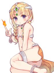  1girl ass bangle bangs bare_arms bare_shoulders barefoot blonde_hair blunt_bangs blush bracelet braid commentary_request dragon_quest dragon_quest_xi eyebrows_visible_through_hair feet_out_of_frame fingernails fire hand_up headpiece index_finger_raised jewelry long_hair looking_at_viewer low_twintails navel parted_lips ruriwo_(ruri_wo) simple_background solo twin_braids twintails veronica_(dq11) violet_eyes white_background 