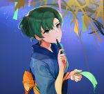  commentary_request earrings festival fire_emblem fire_emblem:_rekka_no_ken fire_emblem_heroes green_eyes green_hair hair_up highres japanese_clothes jewelry kimono looking_up lyndis_(fire_emblem) obi omikuji ormille pen ponytail sash shrine tanabata yukata 