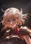  1girl armor artist_name aztodeus black_background blonde_hair breastplate earrings feathers fire_emblem fire_emblem:_thracia_776 green_eyes hair_feathers highres jewelry lips nanna_(fire_emblem) portrait short_hair smile solo 