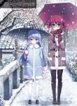  2girls bangs black_legwear blue_coat blue_eyes braid brown_coat brown_footwear brown_gloves clouds cloudy_sky coat day earmuffs eyebrows_visible_through_hair floating_hair full_body fumio_(ura_fmo) fur_trim glasses gloves grey_umbrella grisaia_(series) grisaia_no_meikyuu hair_between_eyes hair_ribbon hairband highres holding holding_umbrella kazami_kazuki loafers long_hair looking_at_viewer multiple_girls outdoors pantyhose pink_mittens red_scarf red_umbrella ribbon scarf shiny shiny_clothes shoes silver_hair sky smile snow snowing standing suou_amane swept_bangs twin_braids umbrella very_long_hair white_hairband white_legwear white_ribbon winter_clothes winter_coat younger 