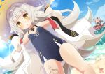  2girls :o ahoge alternate_costume arms_up azur_lane bangs bare_shoulders beach black_swimsuit blue_sky blue_swimsuit blunt_bangs blush breasts brown_eyes casual_one-piece_swimsuit clouds cloudy_sky collarbone commentary_request day dutch_angle eyebrows_visible_through_hair foam gloves hair_ornament hands_on_headwear hat hyakka_onibi iron_cross jacket long_hair long_sleeves looking_at_viewer mole mole_under_eye multiple_girls ocean one-piece_swimsuit open_clothes open_jacket orange_gloves outdoors parted_lips pink_hair puffy_long_sleeves puffy_sleeves ribbon riding sand silver_hair sky small_breasts solo_focus standing straw_hat swimsuit u-81_(azur_lane) very_long_hair water waves white_jacket white_ribbon z46_(azur_lane) 