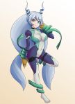 1girl absurdres bangs blue_eyes blue_hair bodysuit boku_no_hero_academia boots breasts closed_mouth covered_navel eyebrows_visible_through_hair full_body gloves hadou_nejire hair_between_eyes highres horns konaloid large_breasts long_hair looking_at_viewer pouch smile solo standing standing_on_one_leg thigh-highs thigh_boots thigh_strap very_long_hair white_footwear yellow_gloves 