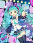  1girl aqua_eyes aqua_hair burenai_ai_de_(vocaloid) commentary_request detached_sleeves hatsune_miku headset long_hair necktie non-web_source open_mouth outstretched_arm photoshop_(medium) skirt solo thigh-highs twintails very_long_hair vocaloid wbfish 