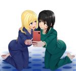  2girls :d arm_around_back arm_around_shoulder bangs barefoot black_hair blonde_hair blue_eyes blue_pants brown_hair cellphone character_request easy_(aqk7bdqt) eye_contact eyebrows_visible_through_hair green_pants grin holding holding_phone katia_grineal kneeling long_hair looking_at_another melua_melna_meia multiple_girls open_mouth pajamas pants phone self_shot smartphone smile soles super_robot_wars super_robot_wars_judgement 
