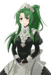  1girl cecilia_(fire_emblem) cosplay felicia_(fire_emblem) felicia_(fire_emblem)_(cosplay) felicia_(fire_emblem_if) felicia_(fire_emblem_if)_(cosplay) fire_emblem fire_emblem:_fuuin_no_tsurugi fire_emblem:_the_binding_blade fire_emblem_14 fire_emblem_6 fire_emblem_fates fire_emblem_heroes fire_emblem_if fire_emblem_sword_of_seals gem green_eyes green_hair hraaat intelligent_systems juliet_sleeves long_hair long_sleeves maid maid_headdress nintendo ponytail puffy_sleeves simple_background smile solo tian_sihui white_background 