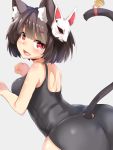  1girl animal_ears azur_lane bangs bare_shoulders bell black_hair black_swimsuit blush breasts cat_ears cat_girl cat_mask cat_tail eyebrows_visible_through_hair fang highres jingle_bell looking_at_viewer mask mask_on_head medium_breasts neko_pachi one-piece_swimsuit paw_pose red_eyes short_hair solo swimsuit tail tail_cutout yamashiro_(azur_lane) 