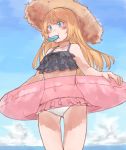  1girl az_toride bikini black_bikini_top blonde_hair blue_eyes blue_sky clouds cowboy_shot day food frilled_bikini frilled_bikini_bottom frilled_bikini_top frills from_below gradient_sky hat innertube jervis_(kantai_collection) kantai_collection long_hair mismatched_bikini mouth_hold outdoors popsicle see-through sky solo sun_hat swimsuit white_bikini_bottom 