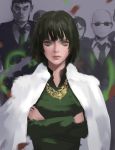  1girl bangs black_dress black_hair closed_eyes commentary crossed_arms doodle dress english_commentary facing_viewer formal fubuki_(one-punch_man) fur_coat green_dress green_eyes highres jacket_on_shoulders jewelry looking_at_viewer necklace necktie one-punch_man short_hair sketch standing suit sunglasses thaumazo 