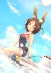  1girl animal_ears armpits ass azur_lane blue_legwear brown_eyes brown_hair bunny_tail centi_mnkt clouds detached_collar from_behind i-26_(azur_lane) kneehighs looking_back ocean one-piece_swimsuit open_mouth rabbit_ears sailor_collar school_swimsuit short_hair sitting sky solo straddling strapless strapless_swimsuit submarine swimsuit tail toeless_legwear toes water watercraft 