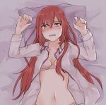  1girl arms_up bed_sheet blush bra breasts cleavage embarrassed hair_between_eyes long_hair looking_at_viewer lying makise_kurisu midriff navel on_back open_clothes open_mouth open_shirt pillow redhead small_breasts steins;gate underwear upper_body violet_eyes wavy_mouth yugure 