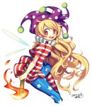  1girl american_flag_legwear american_flag_shirt bangs blonde_hair blush breasts clownpiece dated erect_nipples fairy_wings from_side hat iroyopon jester_cap long_hair looking_at_viewer neck_ruff open_mouth polka_dot purple_hat red_eyes reflective_eyes shiny shiny_clothes shiny_hair short_sleeves signature small_breasts smile solo star star-shaped_pupils swept_bangs symbol-shaped_pupils teeth tongue torch touhou very_long_hair wavy_hair white_background wind wings 