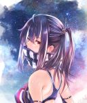  1girl absurdres arm_strap azur_lane bangs black_hair blush breasts covered_mouth earrings eyebrows_visible_through_hair eyes_visible_through_hair from_side hair_between_eyes hair_ornament highres huge_filesize iron_cross jewelry kuroneru large_breasts long_hair looking_at_viewer looking_back multicolored_hair one_side_up red_eyes scarf shoulder_blades sidelocks solo streaked_hair swimsuit tied_hair u-47_(azur_lane) white_hair 