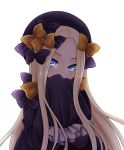  1girl abigail_williams_(fate/grand_order) bangs black_bow black_dress black_hat blonde_hair blue_eyes blush bow covered_mouth dress fate/grand_order fate_(series) forehead hair_bow hands_up hat head_tilt long_hair long_sleeves looking_at_viewer orange_bow parted_bangs polka_dot polka_dot_bow shinonome_ryuu simple_background sleeves_past_fingers sleeves_past_wrists solo upper_body very_long_hair white_background 