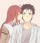  1boy 1girl black_hair blush cheek_kiss closed_eyes collarbone collared_shirt embarrassed facial_hair hand_on_another&#039;s_shoulder heart imminent_kiss jacket kiss labcoat long_hair makise_kurisu messy_hair necktie off_shoulder okabe_rintarou pink_background profile redhead shirt short_hair simple_background steins;gate stubble sweatdrop upper_body yellow_eyes yugure 