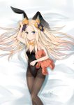  1girl abigail_williams_(fate/grand_order) absurdres animal_ears arm_up bangs bare_arms barefoot bed_sheet black_bow black_legwear blonde_hair blue_eyes blush bow bowtie breasts bunny_girl bunnysuit commentary_request covered_navel dated detached_collar eyebrows_visible_through_hair fate/grand_order fate_(series) forehead hair_bow highres long_hair lying object_hug on_back orange_bow orange_neckwear pantyhose parted_bangs parted_lips polka_dot polka_dot_bow rabbit_ears signature small_breasts solo stuffed_animal stuffed_toy teddy_bear thighband_pantyhose very_long_hair white_collar yukineko1018 