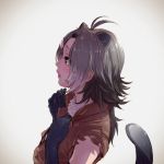  1girl american_beaver_(kemono_friends) animal_ears antenna_hair beaver_ears beaver_tail black_gloves black_hair bright_pupils brown_eyes elbow_gloves extra_ears from_side fur_collar gloves grey_hair hair_ornament hairclip henohenomomiji highres kemono_friends long_hair multicolored_hair nose open_mouth profile silver_hair solo tail tail_raised white_pupils 