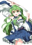  1girl :d arm_up detached_sleeves frog_hair_ornament gohei green_eyes green_hair hair_between_eyes hair_ornament hair_tubes highres kochiya_sanae long_hair nontraditional_miko open_mouth ruu_(tksymkw) simple_background skirt smile snake_hair_ornament solo touhou vest white_background wide_sleeves 