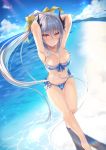  1girl armpits bare_legs beach bikini blue_bikini blue_sky blush bow breasts cleavage collarbone day eyebrows_visible_through_hair fate/grand_order fate_(series) from_above front-tie_top full_body hair_bow highres hinot kiyohime_(fate/grand_order) kiyohime_(swimsuit_lancer)_(fate) large_breasts long_hair looking_at_viewer navel ocean outdoors sand shore silver_hair sky smile swimsuit very_long_hair walking water yellow_eyes 