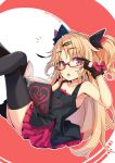  1girl :&lt; adjusting_eyewear akatsuki_yuni arm_up bangs black_gloves black_legwear black_tank_top blonde_hair blush book bow character_name collarbone commentary_request eyebrows_visible_through_hair fang glasses gloves hair_between_eyes hair_ornament hairclip head_tilt highres legs_crossed long_hair looking_at_viewer ogami_kazuki open_book parted_bangs parted_lips pleated_skirt red-framed_eyewear red_bow red_eyes red_skirt semi-rimless_eyewear skirt solo tank_top thigh-highs triangle_mouth two_side_up under-rim_eyewear uni_channel very_long_hair virtual_youtuber 