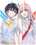  1boy 1girl bangs black_hair blue_eyes blue_horns breasts collarbone commentary_request couple cow_(shadow) darling_in_the_franxx eyebrows_visible_through_hair fangs green_eyes hetero highres hiro_(darling_in_the_franxx) horns long_hair looking_at_another medium_breasts oni_horns open_mouth pink_hair red_horns shirt short_hair short_sleeves sleeveless sleeveless_shirt white_shirt zero_two_(darling_in_the_franxx) 