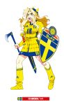  1girl 2018_fifa_world_cup adidas axe boots daibajoujisan full_body hair_between_eyes hair_intakes helmet horned_helmet long_hair open_mouth shield simple_background soccer solo sweden swedish_flag white_background yellow_footwear 