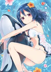  1girl bikini bikini_day blue_hair braid breast_press breasts commentary_request flower hair_between_eyes hair_flower hair_ornament highres homura_subaru inflatable_orca inflatable_toy long_hair looking_at_viewer medium_breasts navel o-ring o-ring_bikini original petals red_eyes smile solo swimsuit water yuzuki_faulkner 