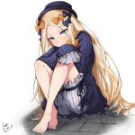  1girl abigail_williams_(fate/grand_order) bangs barefoot black_bow black_dress black_hat blonde_hair bloomers blue_eyes bow bug butterfly commentary_request dress eyebrows_visible_through_hair fate/grand_order fate_(series) forehead grey_bloomers hair_bow hand_on_own_knee hat head_tilt highres insect long_hair long_sleeves looking_at_viewer orange_bow parted_bangs parted_lips polka_dot polka_dot_bow shitamichi signature sitting sleeves_past_fingers sleeves_past_wrists solo toenails underwear very_long_hair white_background 