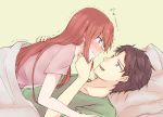  1boy 1girl black_hair blush breasts embarrassed facial_hair green_background green_shirt hand_on_another&#039;s_back hand_on_another&#039;s_chin long_hair lying_on_person makise_kurisu messy_hair okabe_rintarou open_mouth pillow pink_shirt pout profile redhead shirt short_hair short_sleeves small_breasts steins;gate stubble sweatdrop trembling under_covers violet_eyes yellow_eyes yugure 