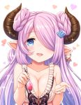  1girl blue_eyes blush breasts cleavage collarbone draph earrings granblue_fantasy hair_over_one_eye heart heart-shaped_pupils highres horns jewelry lavender_hair long_hair looking_at_viewer medium_breasts narmaya_(granblue_fantasy) open_mouth pointy_ears simple_background smile solo spoon symbol-shaped_pupils tomo_(user_hes4085) upper_body white_background 