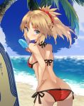  1girl ass bangs bare_arms bare_shoulders beach bikini blonde_hair blue_sky blush breasts butt_crack closed_mouth clouds commentary_request day eyebrows_visible_through_hair fate/grand_order fate_(series) food green_eyes hair_between_eyes halter_top halterneck hand_on_hip highres holding holding_food horizon leaning_forward long_hair looking_at_viewer looking_back medium_breasts mordred_(fate)_(all) mordred_(swimsuit_rider)_(fate) nuqura ocean outdoors palm_tree parted_bangs ponytail popsicle red_bikini sand side-tie_bikini sky solo surfboard swimsuit tree water 