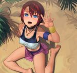  1girl :d armband barefoot belt black_choker blue_eyes blurry blush bracer choker commentary day depth_of_field english_commentary hair_between_eyes hand_up highres jewelry kairi_(kingdom_hearts) kingdom_hearts kingdom_hearts_i lasterk looking_at_viewer looking_up midriff miniskirt necklace open_mouth outdoors redhead short_hair sitting skirt smile solo tank_top wristband 