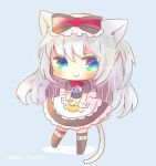  &gt;:&gt; 1girl american_flag american_flag_print animal_ears azur_lane bird blue_background blush bow bowtie cat_ears cat_tail chibi chick commentary flag_print full_body grey_hair hair_bow hammann_(azur_lane) kouu_hiyoyo long_hair looking_at_viewer multicolored multicolored_eyes necktie simple_background solo standing tail thigh-highs twitter_username wrist_cuffs 