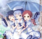  3girls :d ^_^ ascot bangs beret blue_eyes blue_flower blue_hair blue_neckwear blush brown_eyes brown_footwear brown_hair chimame-tai closed_eyes clouds cloudy_sky coat commentary_request eyebrows_visible_through_hair fang flower girl_sandwich gochuumon_wa_usagi_desu_ka? hair_between_eyes hair_ornament hair_scrunchie hat hat_removed headwear_removed highres holding holding_umbrella house jouga_maya kafuu_chino kafuu_chino&#039;s_school_uniform loafers long_hair low_twintails multiple_girls natsu_megumi open_mouth outdoors overcoat parted_lips pink_flower puffy_short_sleeves puffy_sleeves rain ringlets ruu_(tksymkw) sailor_collar sandwiched school_uniform scrunchie shared_umbrella shirt shoes short_sleeves skirt sky smile transparent_umbrella twintails umbrella very_long_hair wet wet_clothes wet_shirt wet_skirt white_hat white_sailor_collar white_scrunchie white_shirt white_skirt x_hair_ornament 