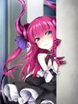  1girl around_corner asymmetrical_horns bangs bare_shoulders black_skirt blue_eyes curled_horns detached_sleeves dragon_girl dragon_horns dragon_tail elizabeth_bathory_(fate) elizabeth_bathory_(fate)_(all) eyebrows_visible_through_hair fate/extra fate/extra_ccc fate/grand_order fate_(series) gem highres horns layered_skirt long_hair looking_at_viewer pink_hair pointy_ears sasasa_(nashi) skirt solo tail 