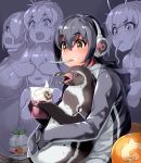  5girls bird black_hair covering_eyes emperor_penguin_(kemono_friends) gentoo_penguin_(kemono_friends) grape-kun hair_over_one_eye happa_(cloverppd) headphones hood humboldt_penguin humboldt_penguin_(kemono_friends) jacket kemono_friends long_hair mouth_hold multicolored_hair multiple_girls open_mouth penguin penguins_performance_project_(kemono_friends) rockhopper_penguin_(kemono_friends) royal_penguin_(kemono_friends) short_hair sitting sitting_on_lap sitting_on_person smile 