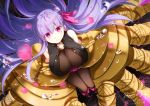  1girl bangs belt_collar blush breasts claws eyebrows_visible_through_hair fate/extra fate/extra_ccc fate/grand_order fate_(series) hair_ribbon hips huge_breasts legs_up long_hair looking_at_viewer looking_up open_mouth pantyhose passion_lip pink_eyes pink_ribbon purple_hair ribbon sash shoulder_cutout sitting thighs very_long_hair youmicitrustea 