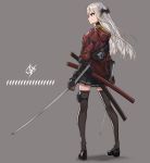 1girl absurdres dual_wielding fingerless_gloves full_body gloves glowstick highres holding holding_sword holding_weapon jacket katana long_hair original pleated_skirt red_eyes saya_(scabbard) silver_hair simple_background skirt solo sword thigh-highs weapon wu_lun_wujin 