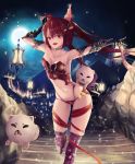  1girl :d absurdres animal_ears arm_up armpits breasts cat_ears cerberus_(shingeki_no_bahamut) choker cleavage collarbone fangs floating_hair full_moon gauntlets hair_between_eyes highres lantern leg_up long_hair looking_at_viewer medium_breasts moon navel nekobell night open_mouth outdoors outstretched_arm panties purple_legwear red_eyes red_panties red_ribbon redhead ribbon shingeki_no_bahamut sideboob smile solo stairs standing thigh_ribbon twintails underwear very_long_hair 